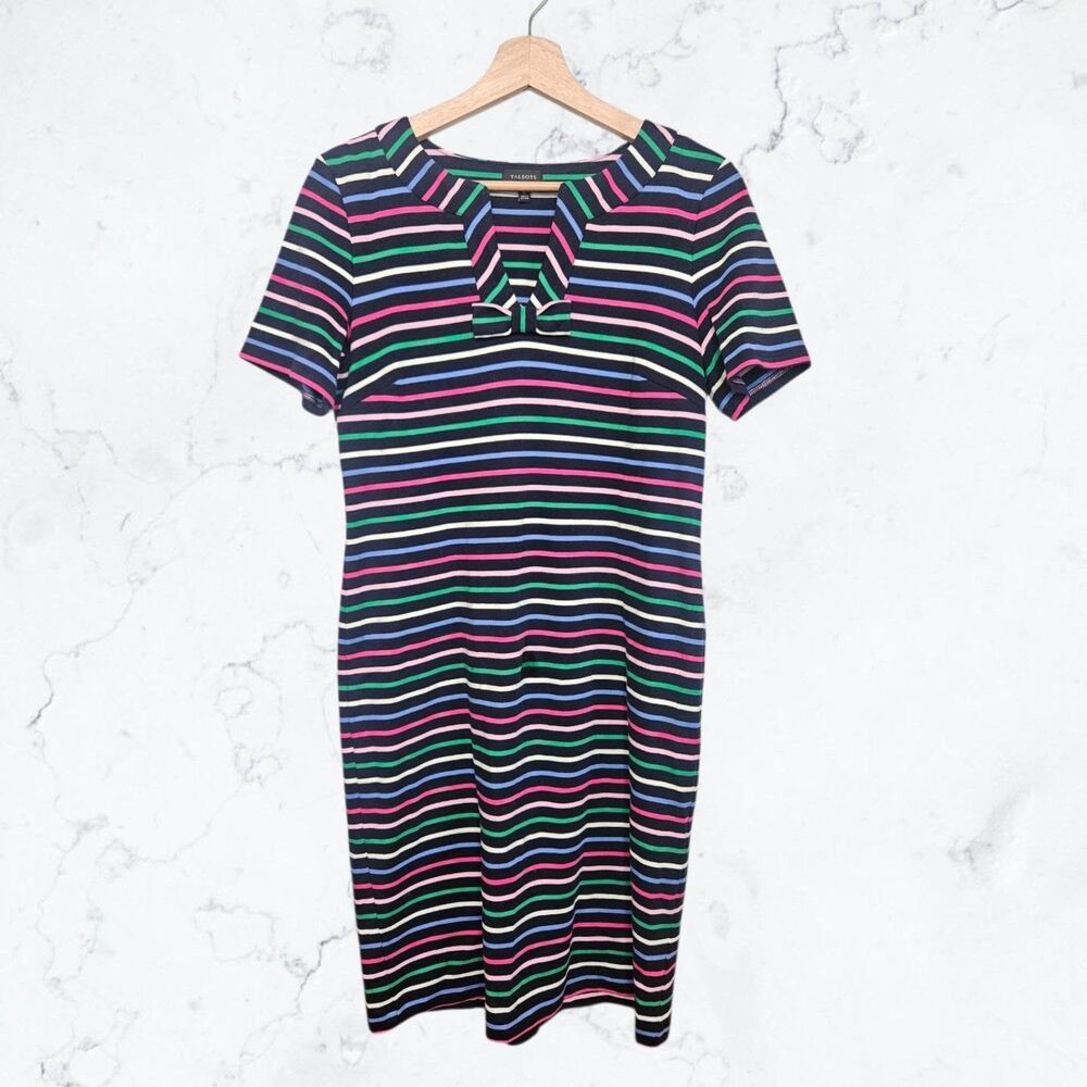 Talbots Black Multicolor Striped Bow Detail Sheath Shirt Dress Nautical Summer